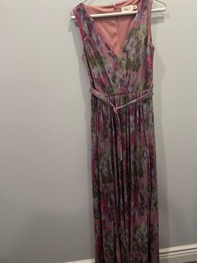 belted chiffon maxi dress eliza j ELIZA J Pink Peach Floral Print Halter Belted Tie Waist Chiffon Maxi Dress 10 M